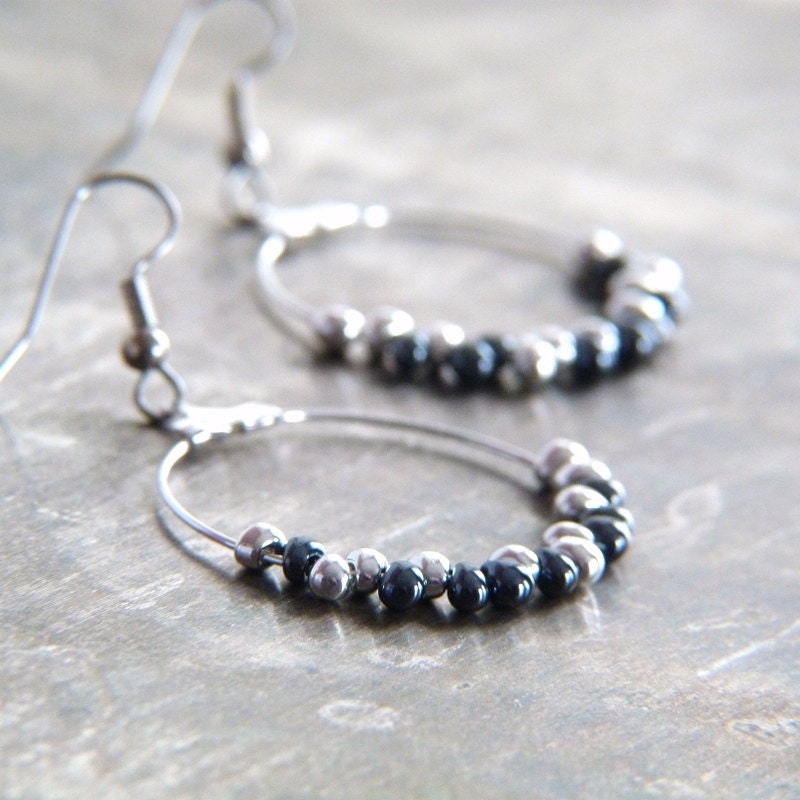 Silver and Gunmetal Hoop Earrings - Glass Teardrop Beads Dangle Earrings - Black and White Earrings