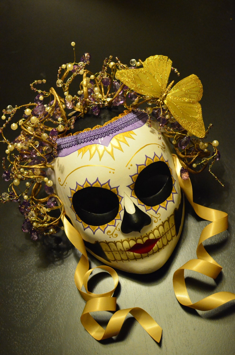 Iced Pierrot -  Lavender Gold Sugar skull Circus Day of the Dead Dia De los Muertos - Venetian Carnival Clown Crystal Beaded Headdress Crown