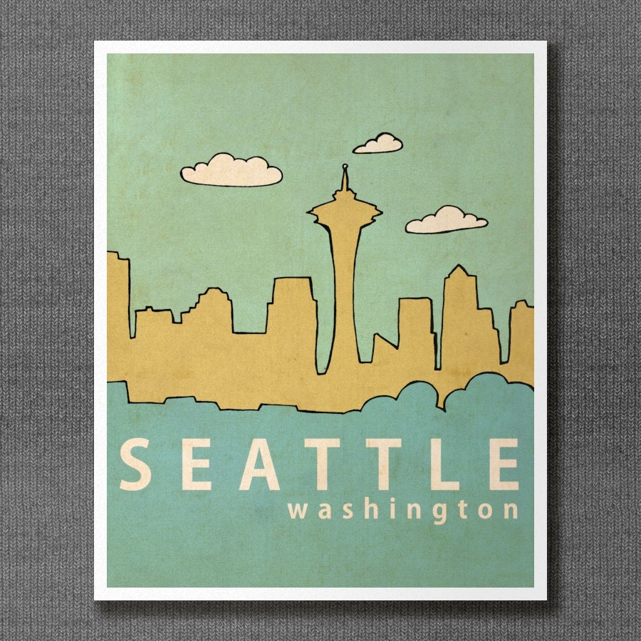 Seattle 11x14 / LARGE Skyline Poster, Dorm Room, Hipster, Loft Decor, Digital Art, Typography Print, Grunge Music, Modern Baby Nursery Decor