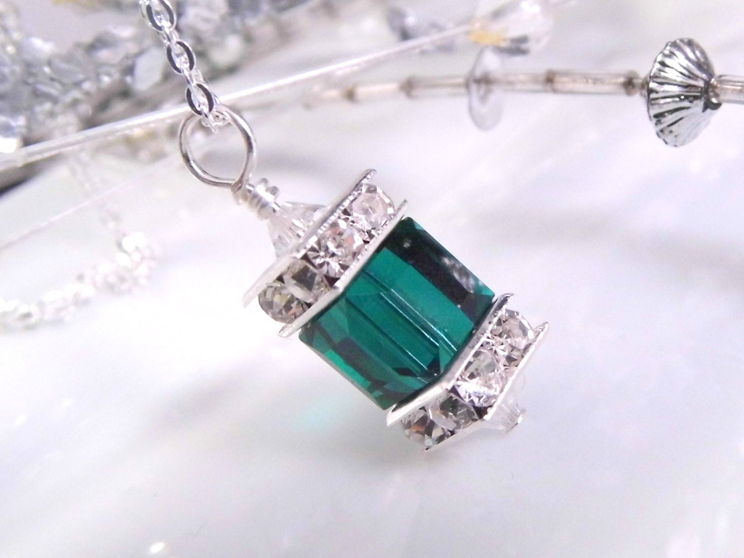Emerald Necklace, Silver Emerald Pendant. Emerald Crystal Necklace, Bridal Bridesmaids Jewelry, Emerald Wedding