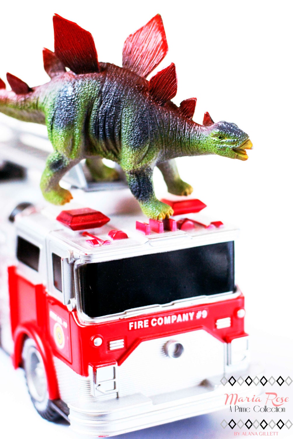 Fiery Stegosaurus- Fine Art Photography print 5x7 by Alana Gillett- Dinosaur Red Fire Truck Wheels Boys Girls Kids Room Decor