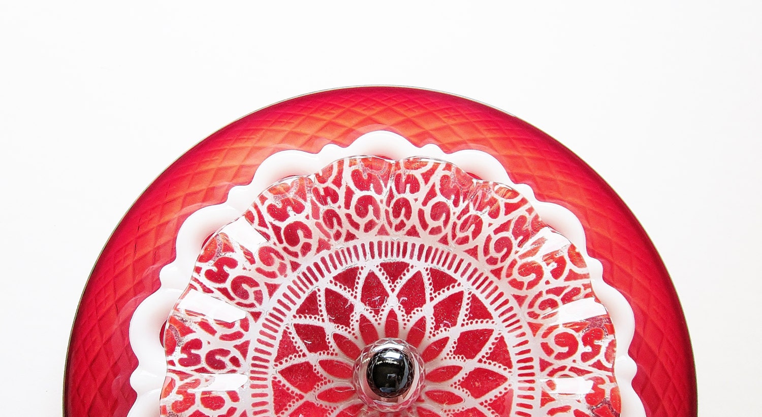 Reclaimed Red Glass Garden Art Plate Flower Yard Sun Catcher SURI Geometric Tribal