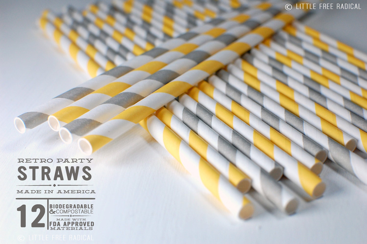 Yellow and Grey Paper Stripey Straws  12pk & Digital Flags - Party - Birthday - Baby Shower - Wedding