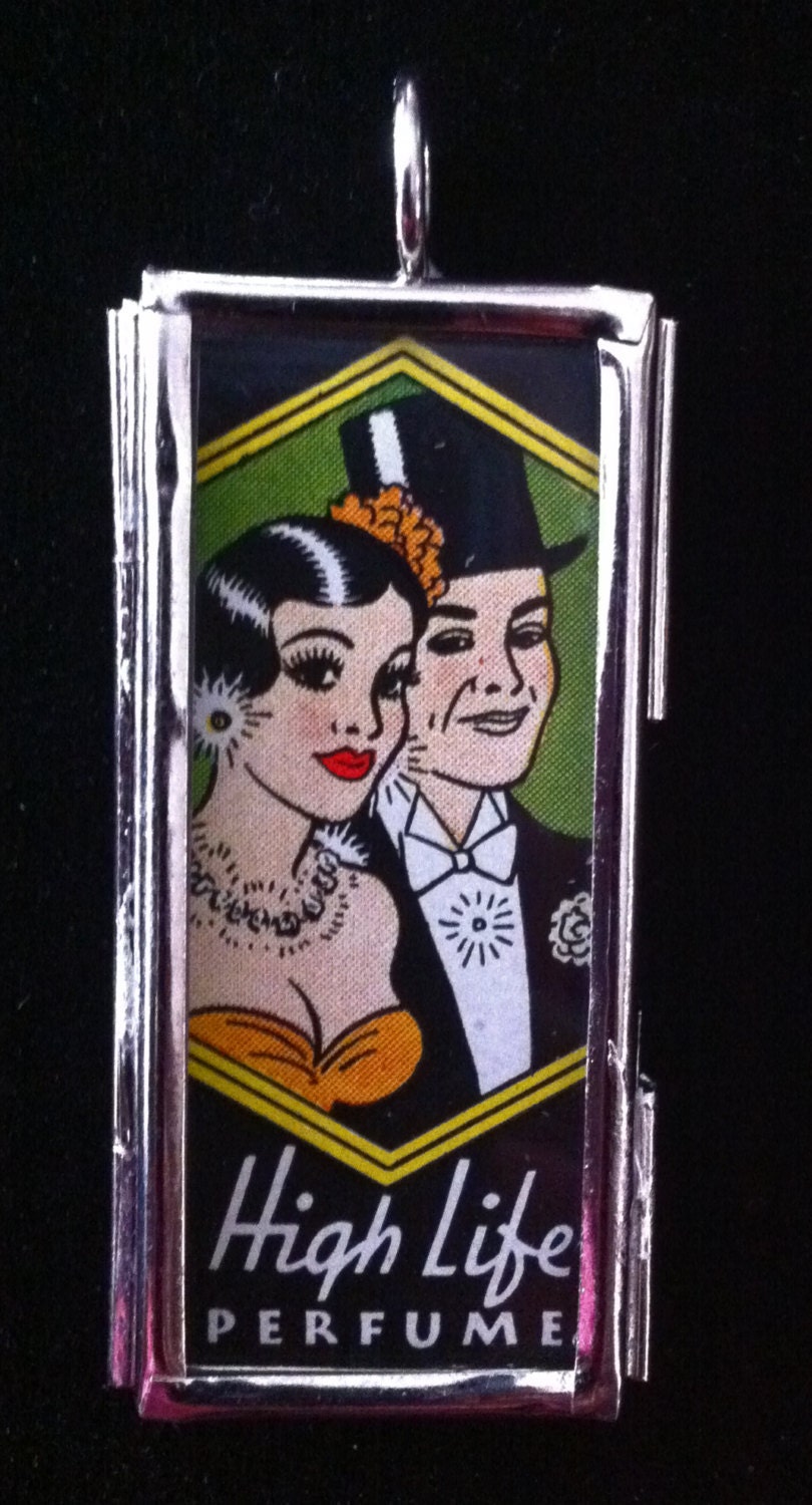 Vintage 1920-30s Deco Ephemera Black Americana High Life Perfume pendant Original Vintage miniature art necklace
