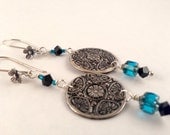 Japonesque Medallion Flower Earrings - Swarovski Crystal & Czech Glass - Sterling Silver earwires  - made of vintage buttons - asian