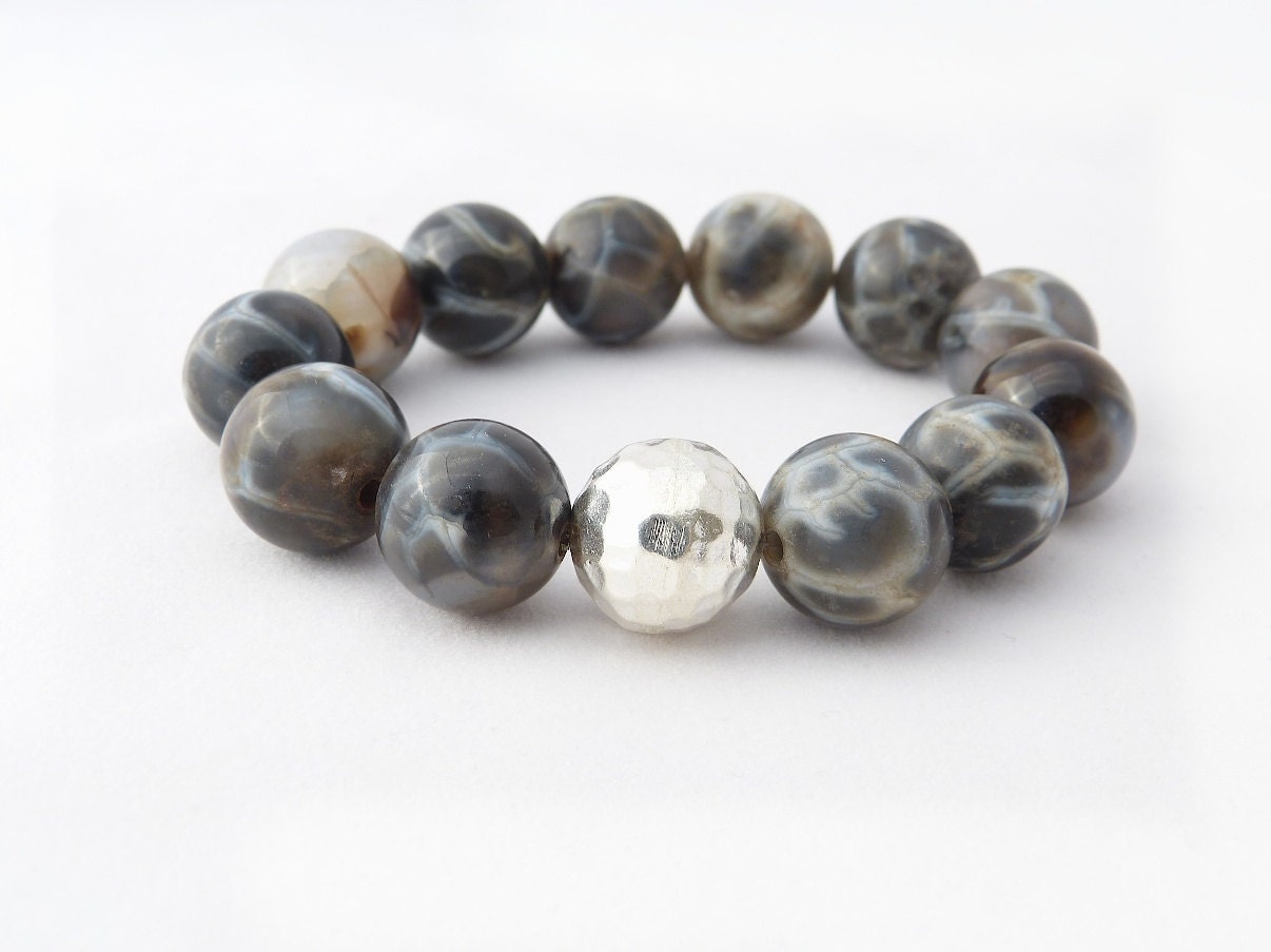 natural agate bracelet in etched blue gray taupe tones with large sterling silver hammered focal bead. statement bracelet.