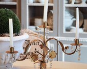Vintage Italian Tole Candelabra, Three Arm, Crystal Prisms