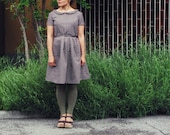 Earthy polka dots pleated dress tunic for women. Peter pan collar optional. Sizes S, M, L. Earthy brown, 100% organic cotton.