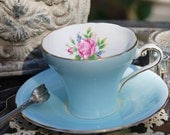Vintage Bone China Aynsley 1930's Pale Blue Floral Corset Tea Cup and Saucer, England