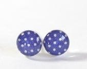 Navy Blue Polka Dots - Post earrings - Blue and White Resin Jewelry - Handmade Polymer Clay Earrings