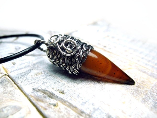 Brown Talon Agate Necklace - Vampire Fang - Silver Wire Wrapping - Amber Dangle Tribal - Braided Celtic Woodland - Red Orange Jewelry