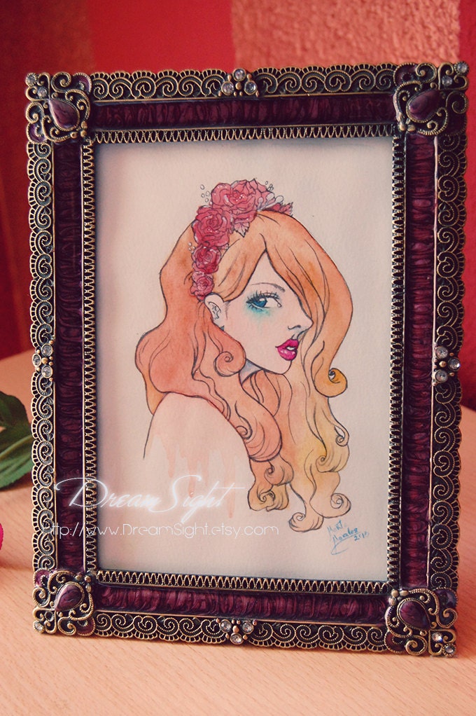 Violette. Original watercolor art illustration vintage girl portrait. OoAK art hand painted.