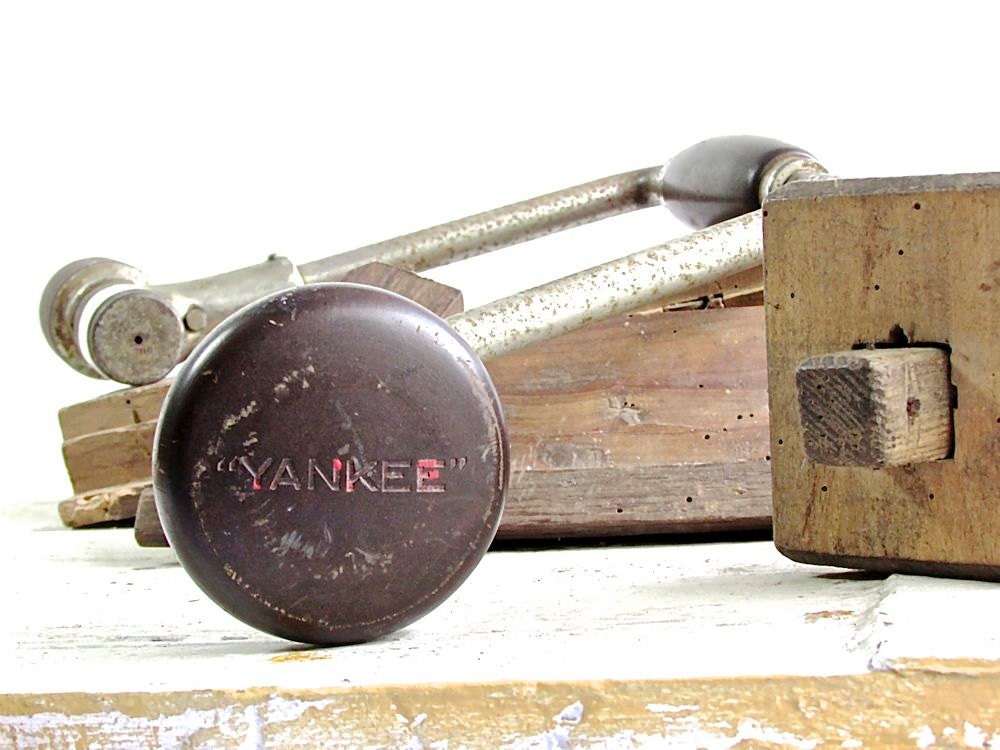 Antique Yankee Bit Brace Hand Drill Vintage Woodworking Tool Stanley 2100 Primitive Wooden Knob Rustic Farmhouse Decor