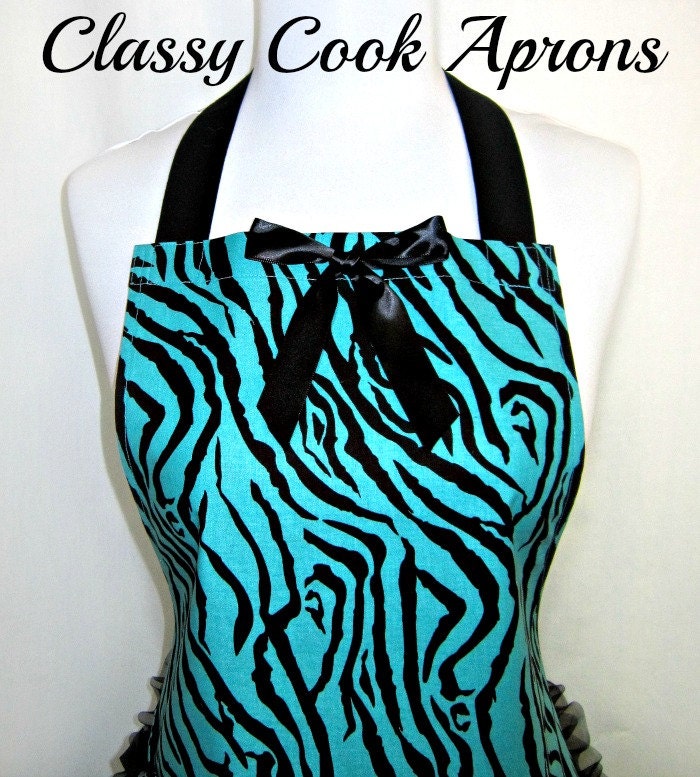 Apron ZEBRA Teal & Black SEXY Organza RUFFLE Flounce, Pretty Party Hostess, Unique Gift