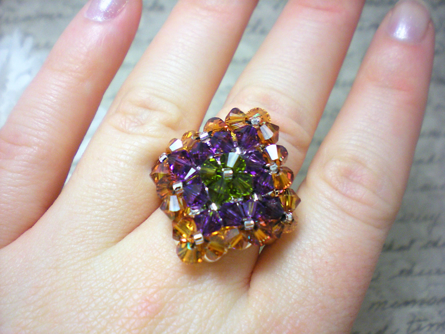 The Elizabeth- Topaz, Purple and Olivine Green Swarovski Crystal DIamond Pillow Top Cocktail Stretch Ring