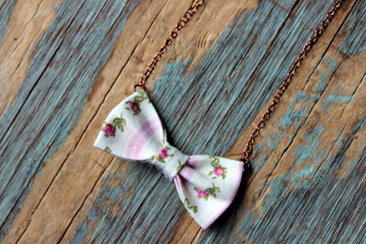 mini bow tie necklace : english garden, pink floral one of a kind, ready to ship fabric bow necklace