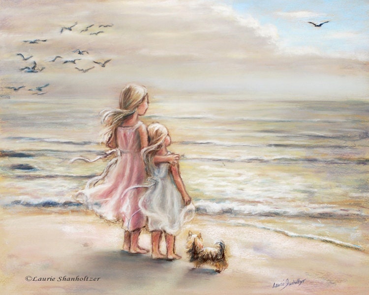 beach, Girls, sisters, Nursery art print, sea, pastel, "The Ocean's Lullaby" Laurie Shanholtzer