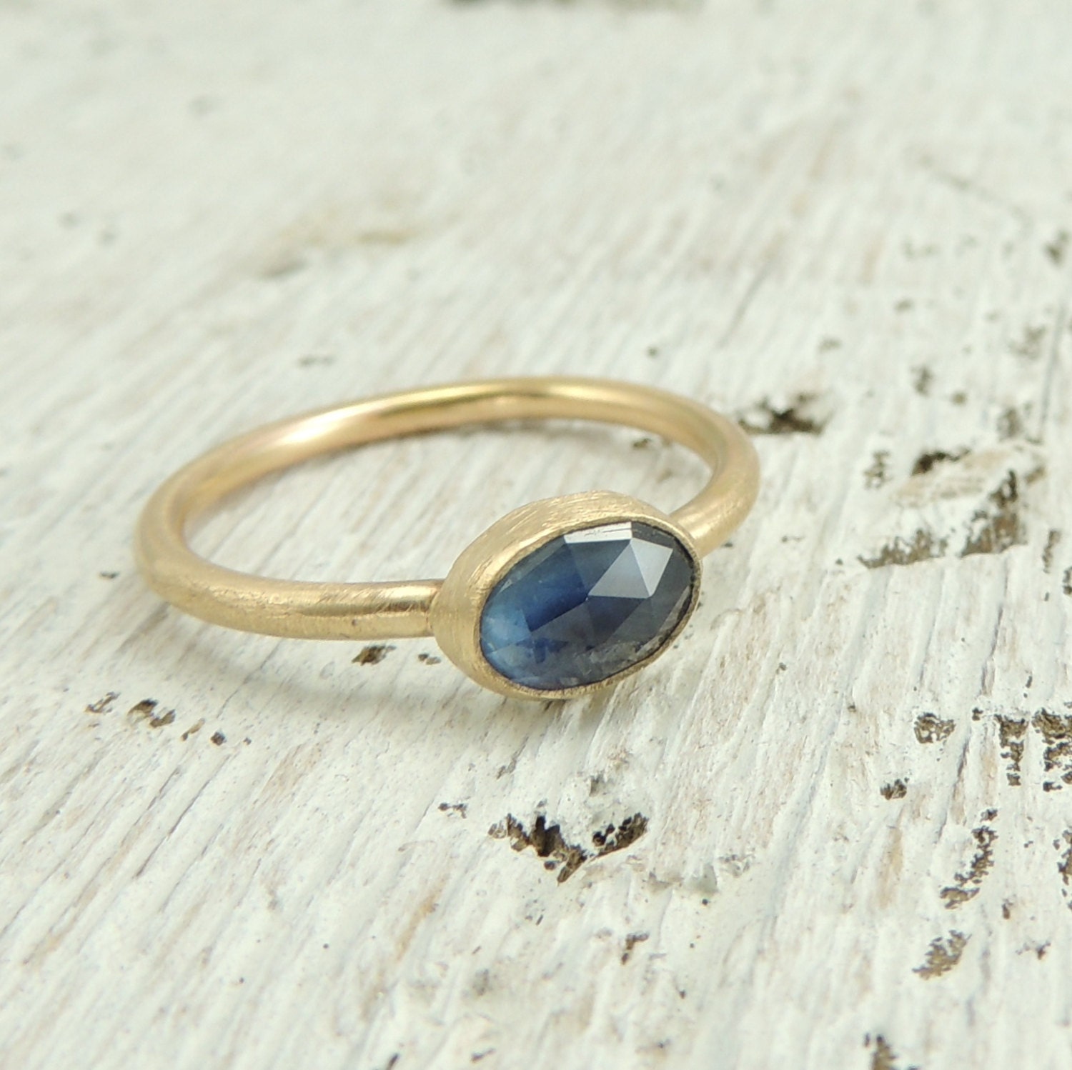 Blue Sapphire & Recycled 14k Gold Ring, Rose Cut Sapphire, Handmade Engagement Ring, Matte Engagement Ring, Fine Jewelry