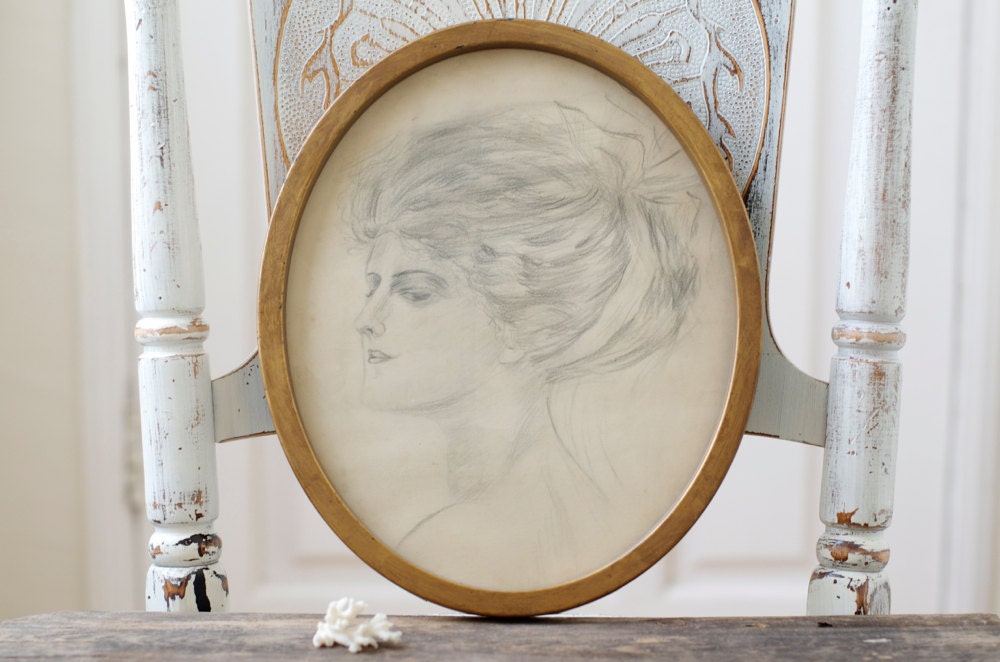 Vintage Original Pencil Drawing with Frame