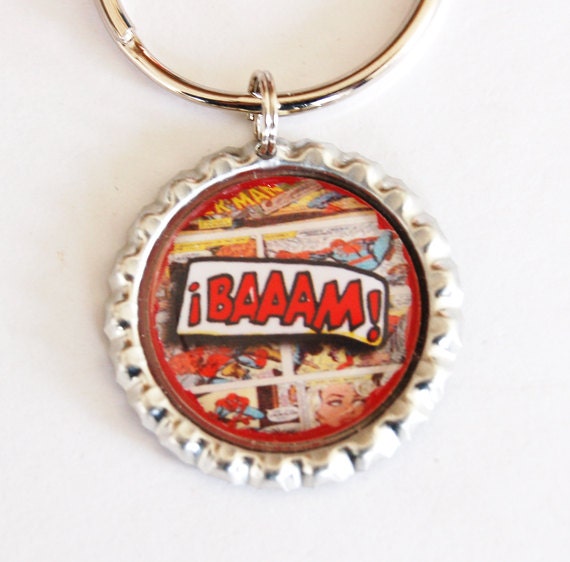 Comic Book Key Ring, Bam, Geek, geekery, Funny key ring, key ring, key chain, bottle cap, funny key chain (2169)
