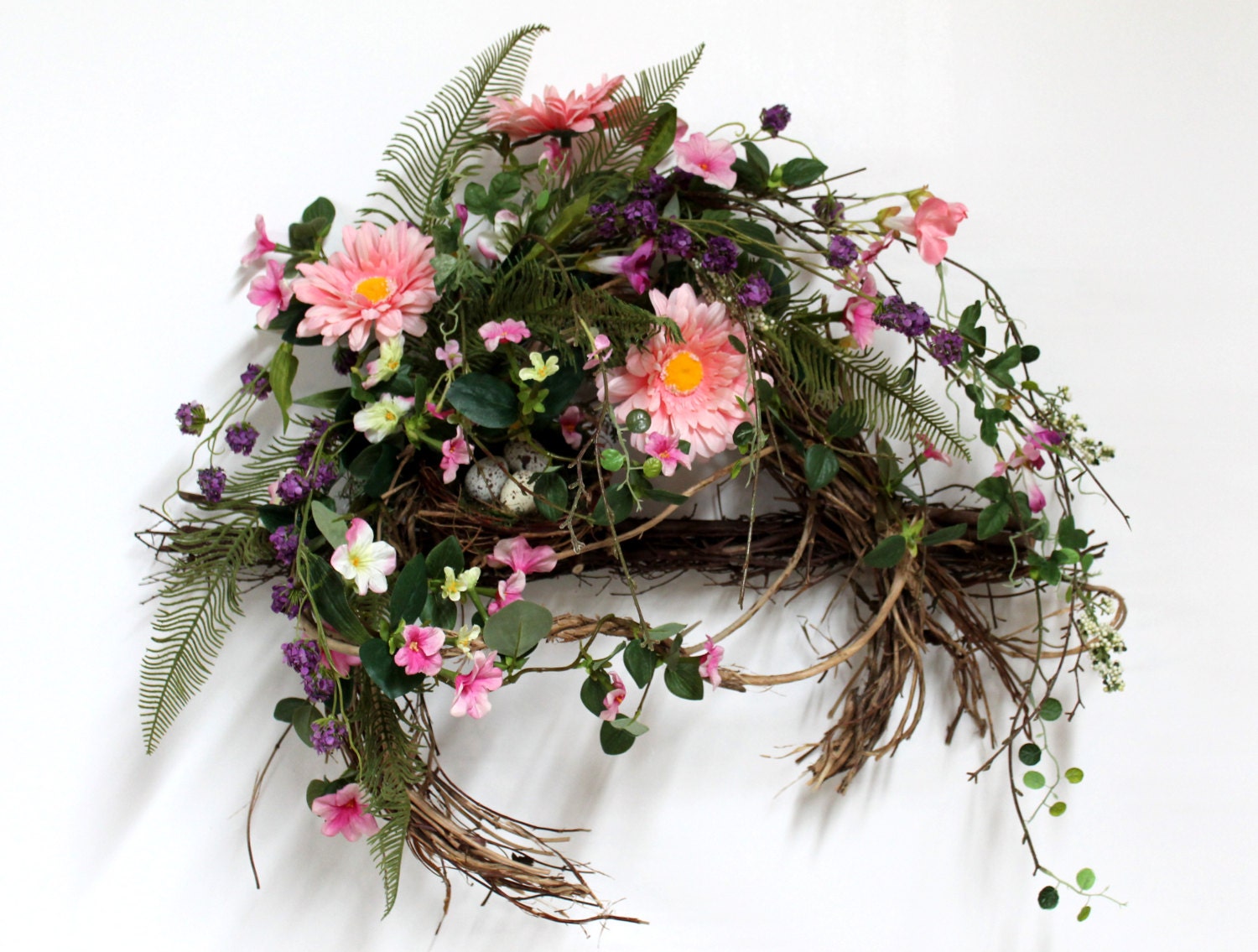 Primitive Country Hanging, Front Door Swag, Wildflowers, Nest with Eggs, Front Door Wreath, Great for Country Decor -- FREE SHIPPING