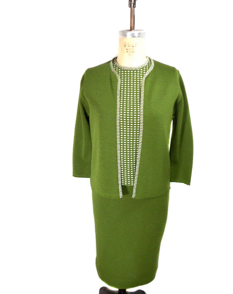 1960s Three Piece Skirt Suit by Rene's Knitwear - Deadstock NWT - Green Silver - Mad Men - Office Fashion -  Size 12