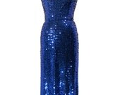 1970s Sequin Lurex Gown - Blue - Party Disco Prom Dress - Spaghetti Strap - Form Fitting - Size 5/6