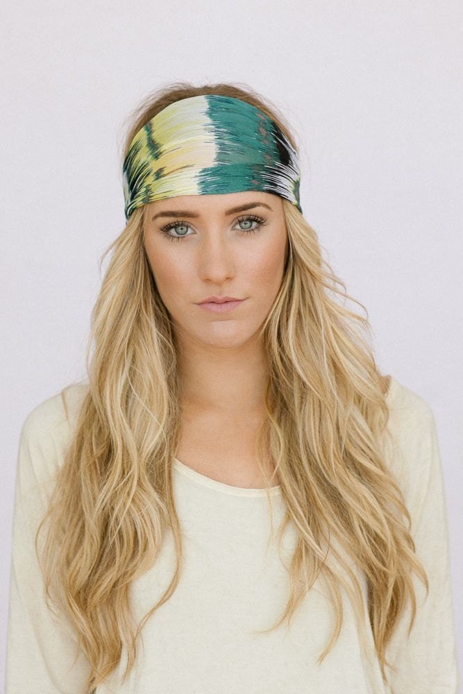 Stretchy Feather Headband Wide Chiffon Bohemian Hippie Head Wrap in Yellow, Blue, and TealSpring Hair Accessories (HB-WDE100C)