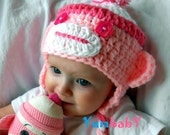 Toddler Hat Monkey Hats Sock Monkeys Pink Cap Kids Clothes Baby Hats Girls Clothes White Crochet Baby Monkey Hat