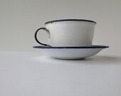 Antique Enamel Ware Cup and Saucer Set in White with Blue Rim