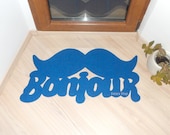 Door mat "Bonjour" with mustache. Elegant doormat moustache. Welcome rug