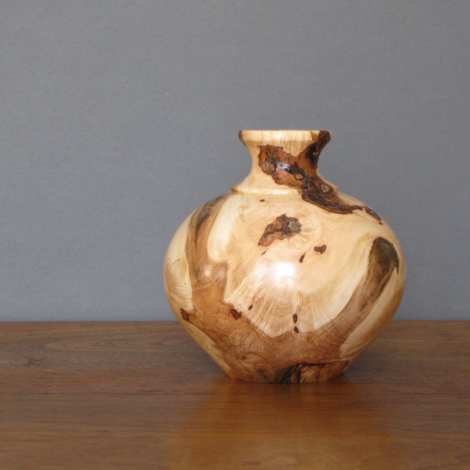 Maple burl vase, wood turning, decorative vessel, mantle art, cream and brown colors, hollow form