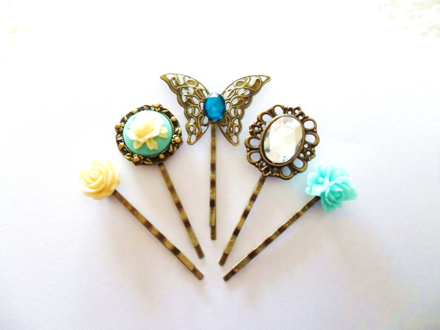 Something Blue Cameo Rose and Rhinestone Butterfly Vintage style Bobby Pin Set bronze hairpins bridesmaid accessories clips slides cream