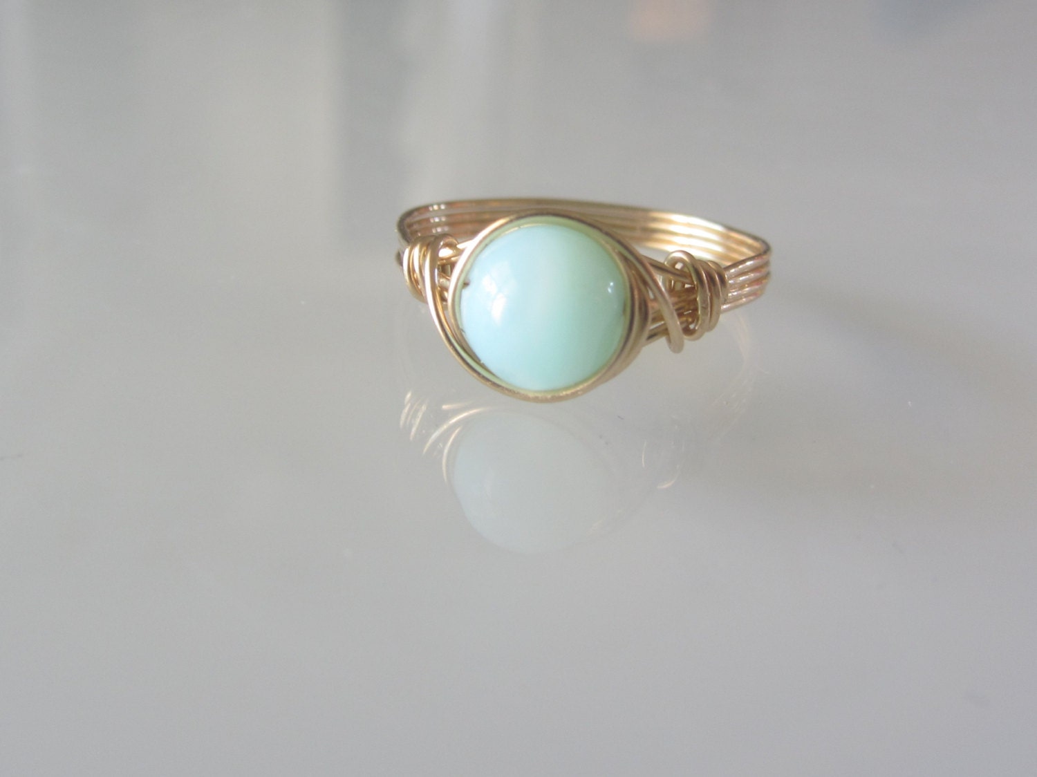Blue Peruvian Opal Ring, Gold Peruvian Opal Ring, wire wrapped ring, 14k Gold Gemstone ring