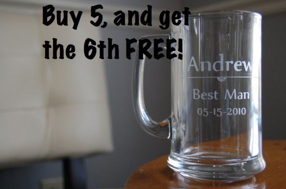 Personalized Beer Mugs - Wedding Party - Set of 6-  (Buy 5, Get the 6TH FREE)