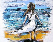 A4 Print Original Artwork Wall Hanging Art Mixed Media Art Girl Painting Woman Artwork Modern Retro Nautical Beach - Drifting