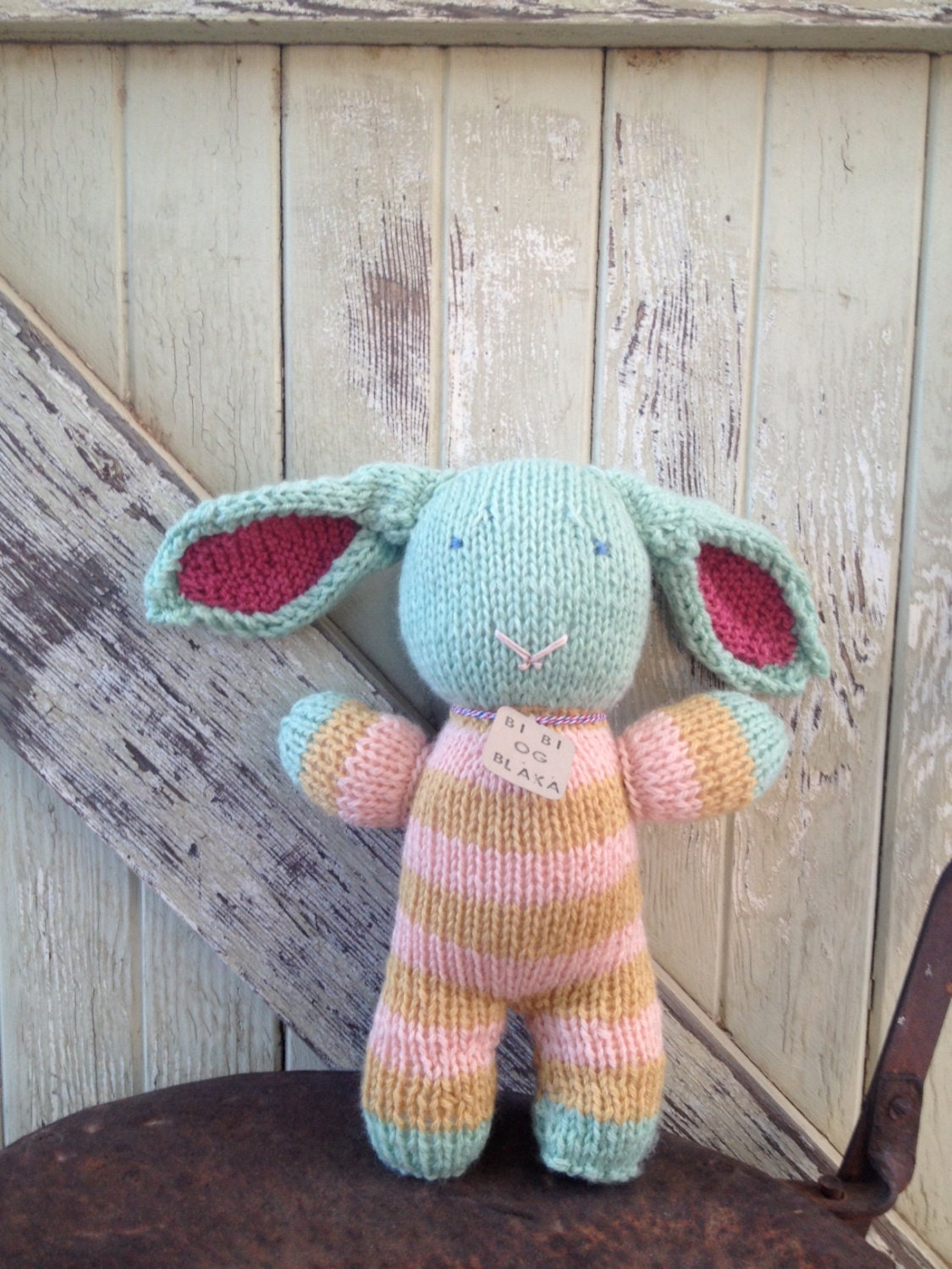 Knitted Bunny Rabbit Mint Green Pink Yellow Striped Stuffed Animal Hand Knit Icelandic Wool
