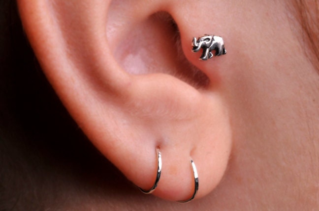 ELEPHANT / TRAGUS /  Cartilage stud / Ring / Sterling Silver. Handcrafted