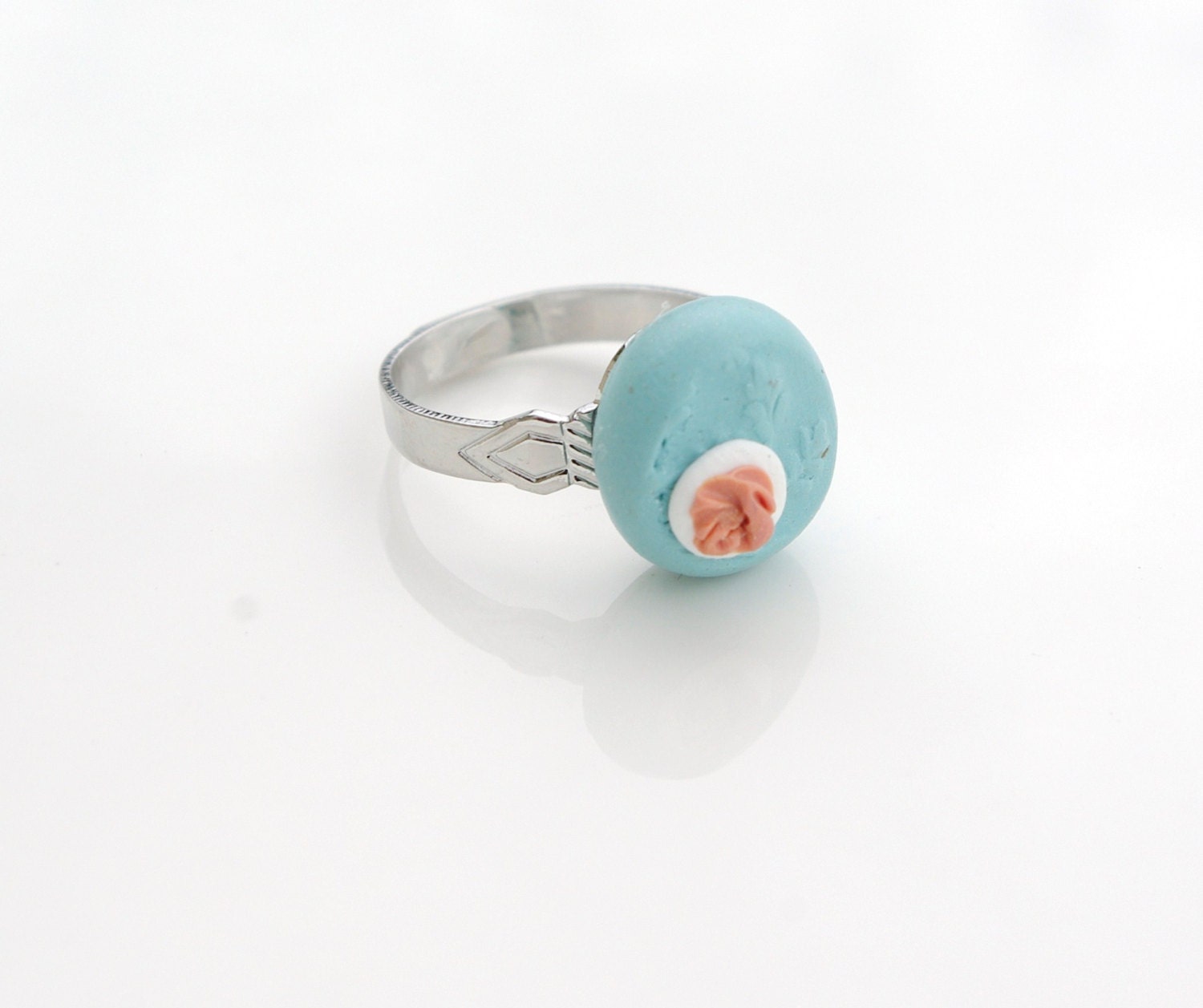 sky blue and peaches rose leaf polymer clay ring - fully adjustable