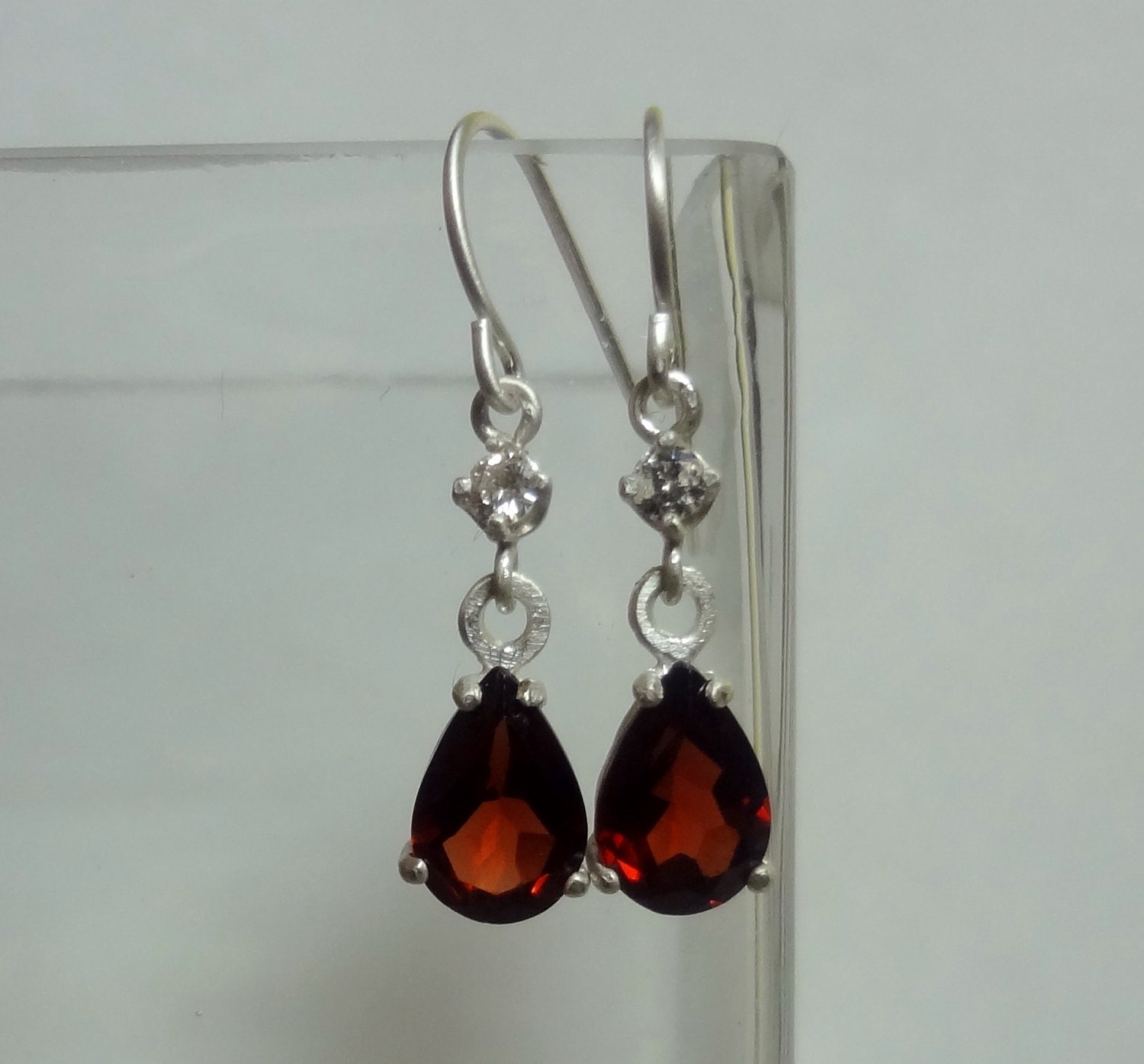 Red Carpet Rhodolite Garnet and 2.5mm Moissanite Teardrop Sterling Silver Dangles