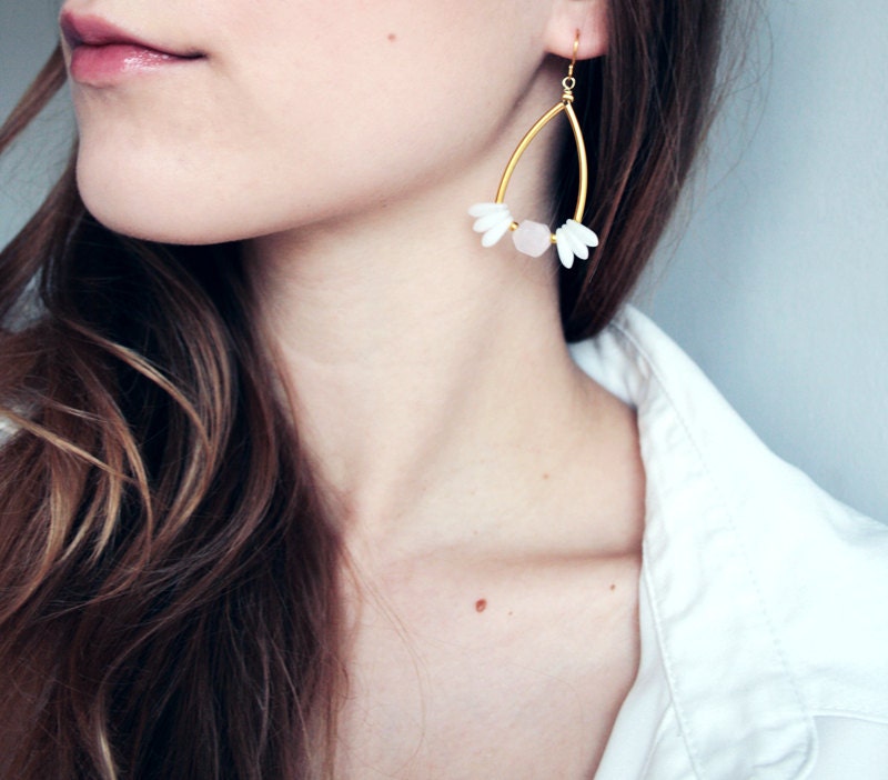 Rose quartz metallic gold drop earrings / dangle earrings/ birthstone earrings / angel earrings
