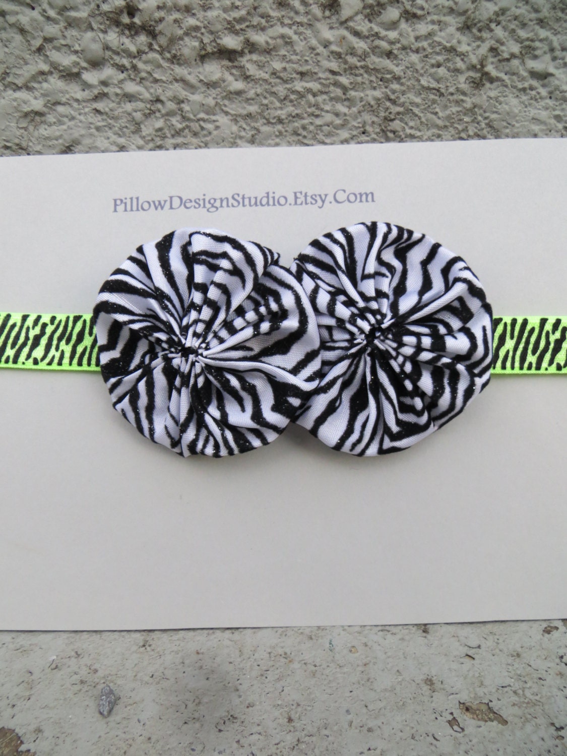 Zebra headband -- neon green zebra print elastic with glitter black and white zebra flowers for teens, girls, baby
