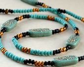 Egyptian Cartouche Long Beaded Necklace Turquoise Gold Black Czech Glass Beads Egypt Hieroglyphics Fashion Jewelry Jewellery Free Shipping