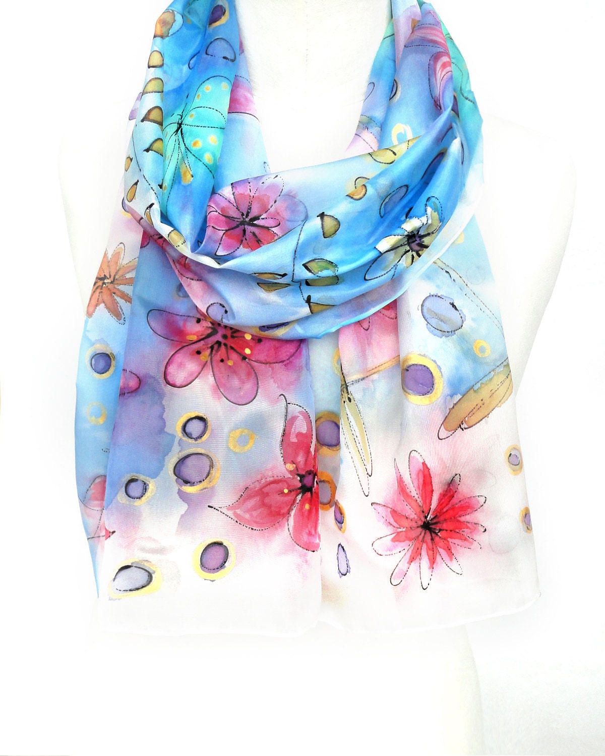 Hand Painted Scarf. Women Floral Scarf. Blue White Shawl. Gift for Her. Dragonflies Shawl for Dress. 14x71in. (35x180cm). Ready2Ship.