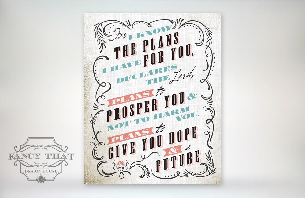 8x10 art print - For I Know the Plans... Aged Mint, Coral & Black, Ornate Frame - Typography Poster Print - Jeremiah Scripture Bible Verse