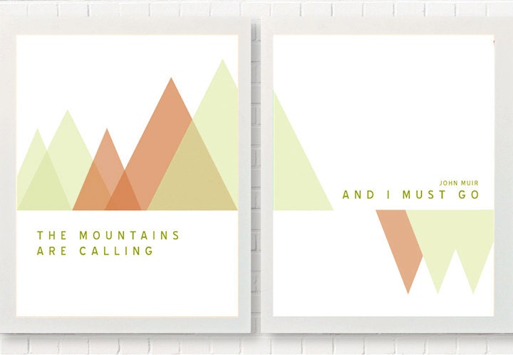 The Mountains Are Calling / coral and yellow triangle / John Muir Quote, Set of 2 Two , modern wall art set, summer road trip