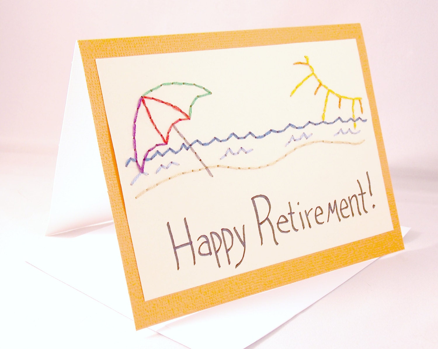 Hand embroidered Retirement card beach umbrella seniors