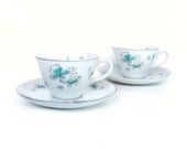 Vintage Teacups Mid Century Mod Cups Saucers Set Pair of Two White Blue Porcelain Bone China Sputnik Atomic Starburst Design