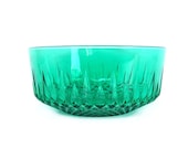 Vintage Glass Bowl Emerald Green Pressed Glass French Arcoroc Serving Dish Diamond Starburst Pattern Glassware