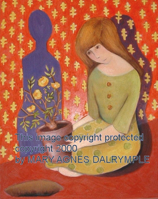 Original Oil Painting on Bristol Paper, young girl child woman with yellow roses, folk art, primitive